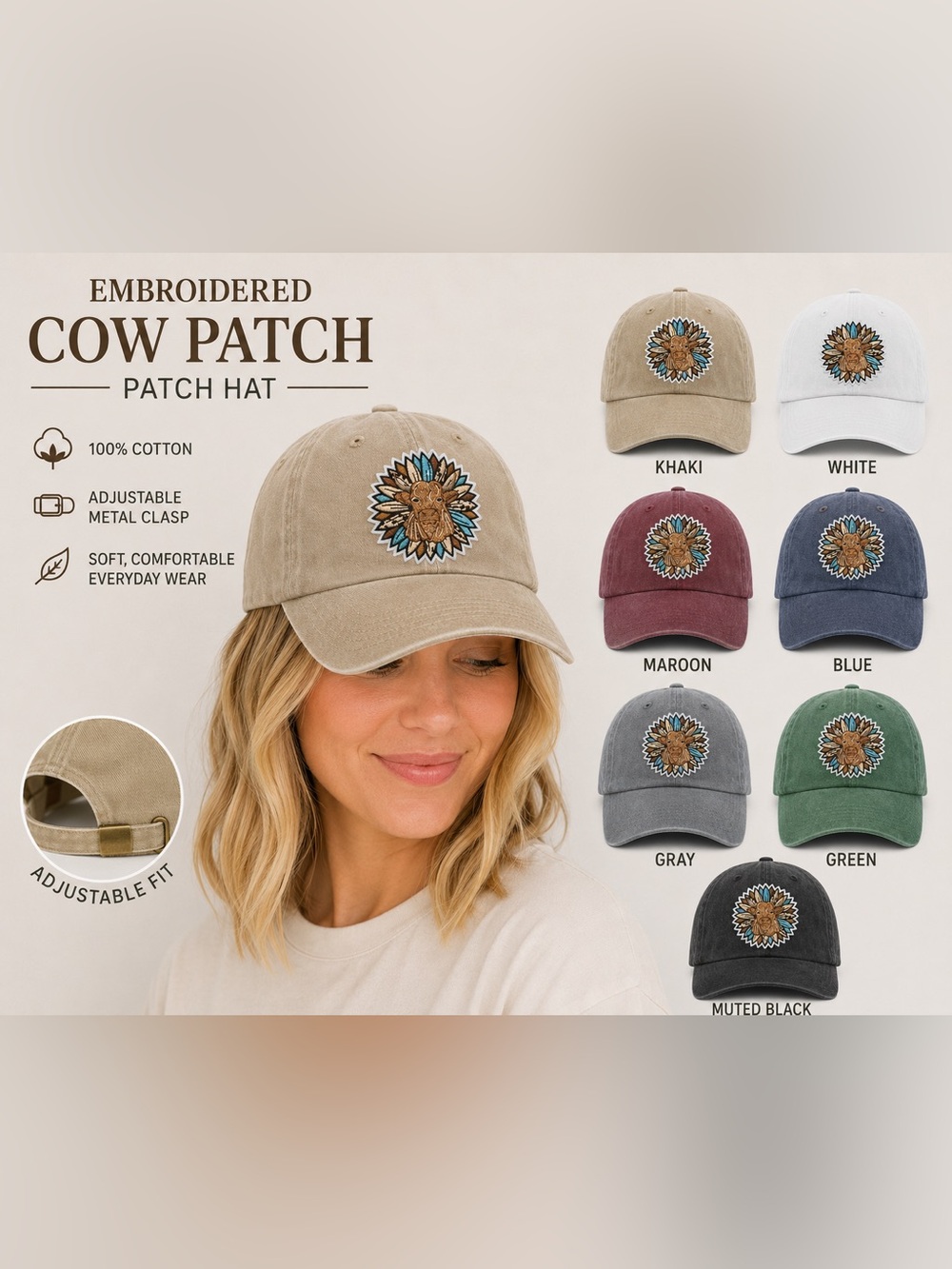 Floral Cow adjustable hat